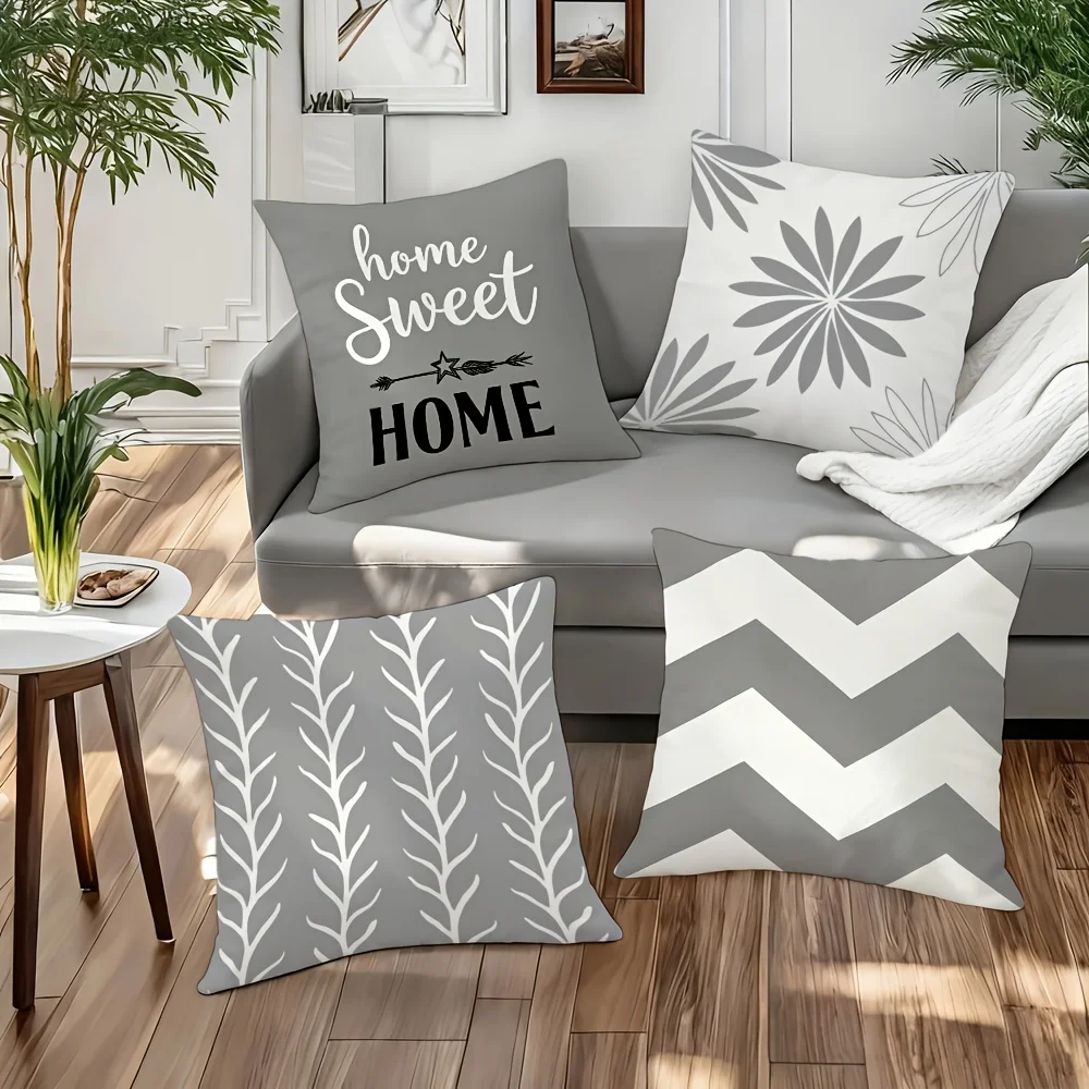 1PC 2D Flat Grey White Home Sweet Home Chevron Floral Throw Pillow Covers Non-real Embroidery, Machine Washable