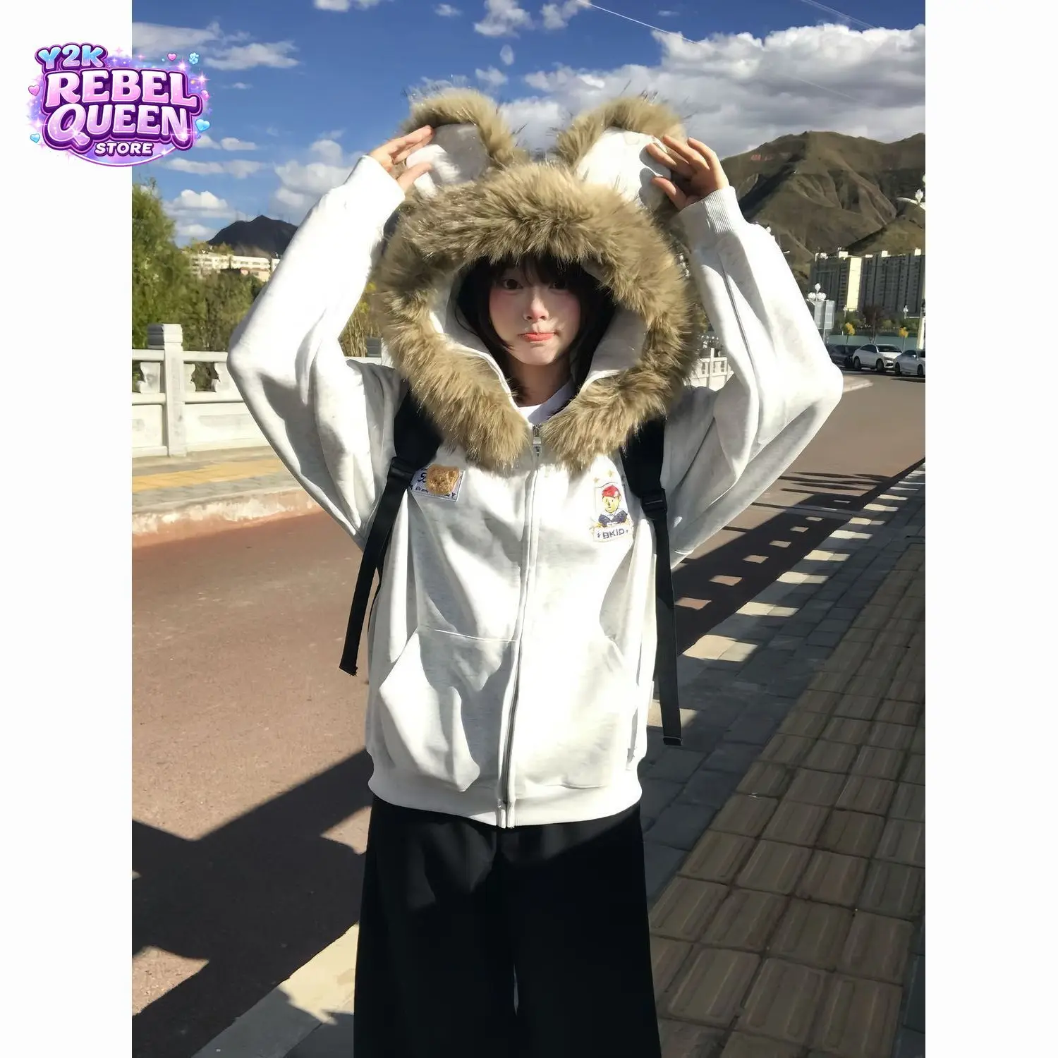 Kawaii Preppy Korean Fashion Zip Up Hoodie Women Removable Faux Fur Bear Ear Trim Graphic Embroidery Fleece Lined Casual Outfit