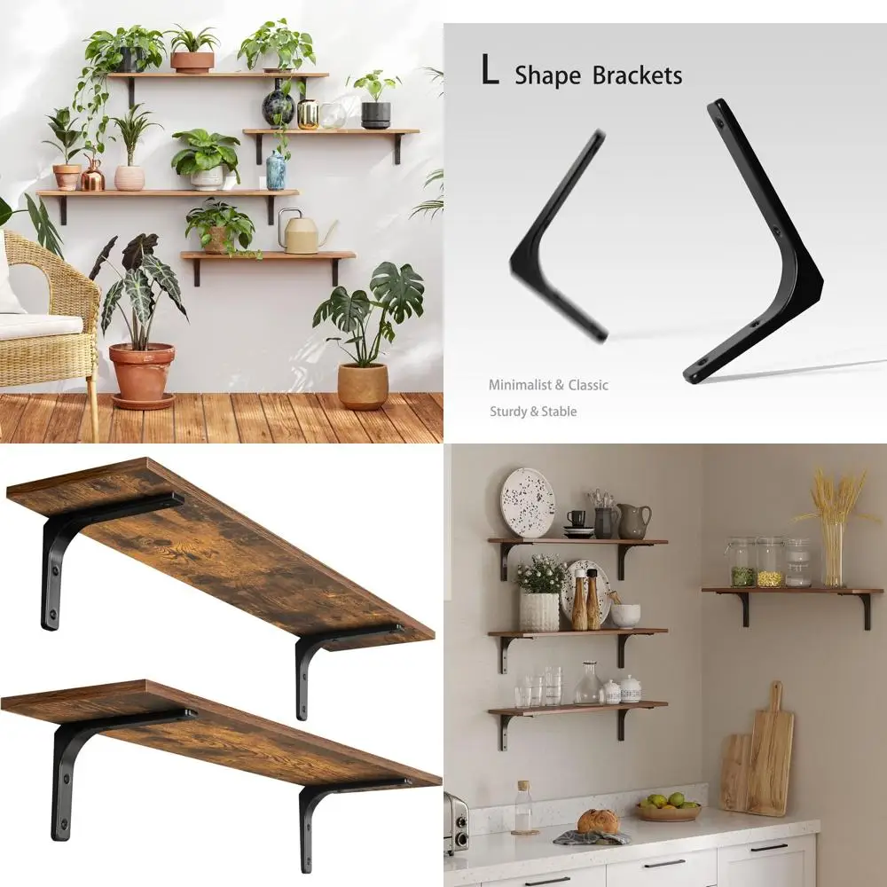 

Set of 2, 31.5 Rustic Brown Wall Shelves with Metal Brackets for Home Storage