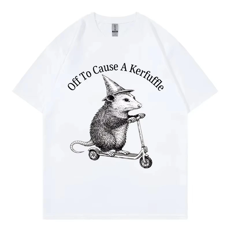 Off To Cause A Kerfuffle Opossum Scooter Funny T-shirt High Street Fashion Trend T Shirt Men Women Casual Loose Summer T-shirts