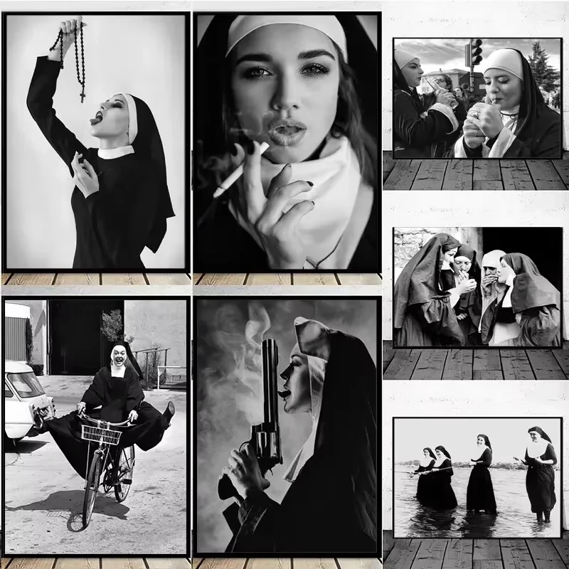 AA Modern Simple Wall , Black . White Nuns Series, Rebel Smoking, HD Canvas Print Poster, Home Living Room Bedroom ation