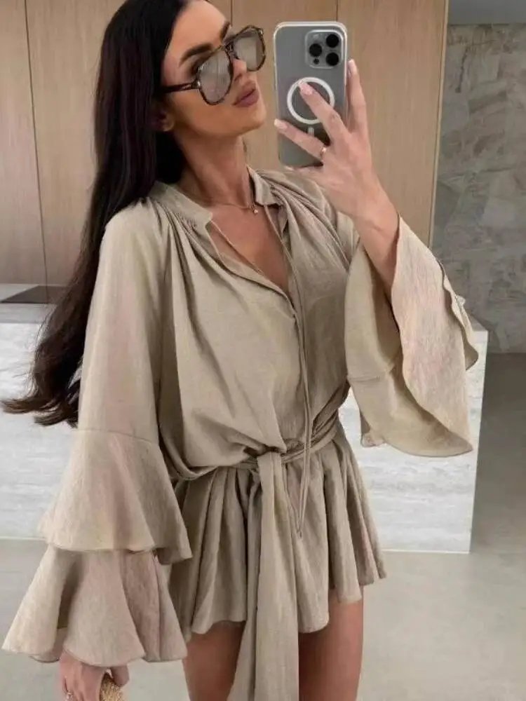 

Summer Women Pleated Mini Dress Elegant Solid Lace Up Lantern Sleeve Vacation Vestidos 2025 Lady Evening Party Robes New