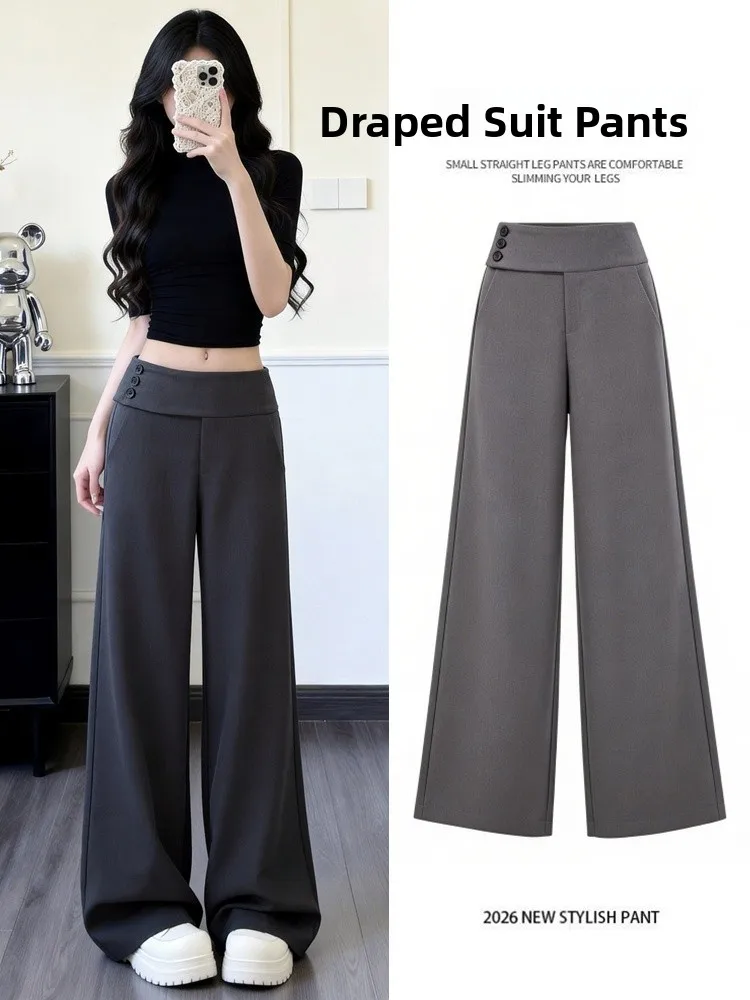 

Серые широкие брюки с высокой талией на пуговицах, женские летние тонкие свободные брюки прямого кроя в корейском стиле, повседневные брюки