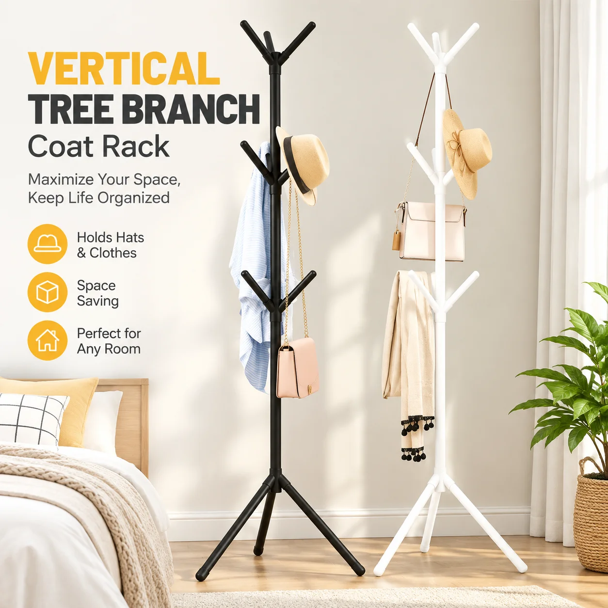 Vertical Tree Branch Coat Rack Floor to Ceiling Hat and Clothes Holder Space Saving Bedroom Storage for Scarves and Bags