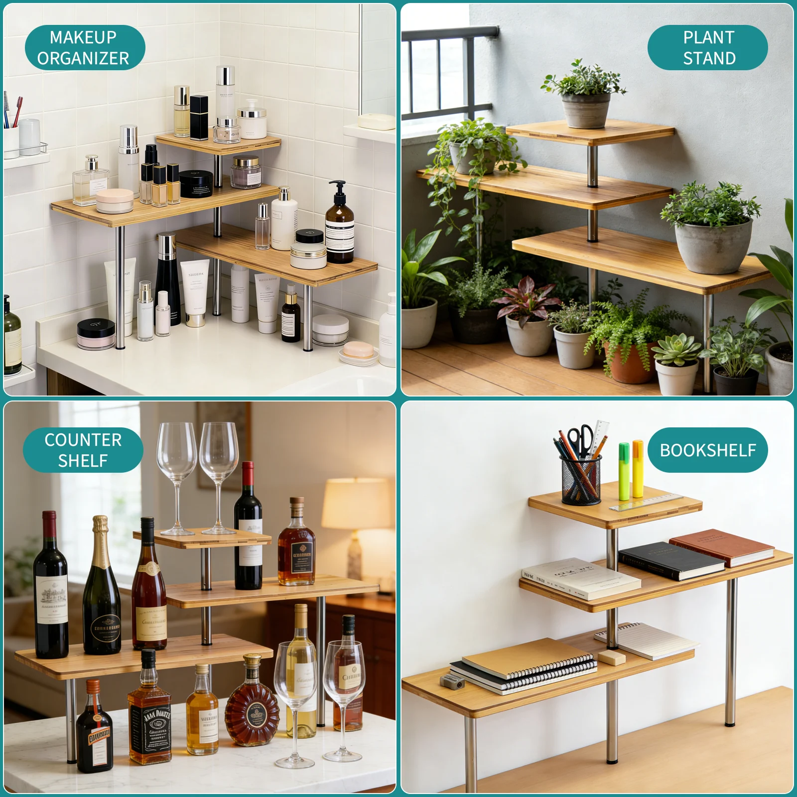 Bamboo 3-Tier Angle-Adjustable Standing Type Corner Shelf Spice Rack for Kitchen