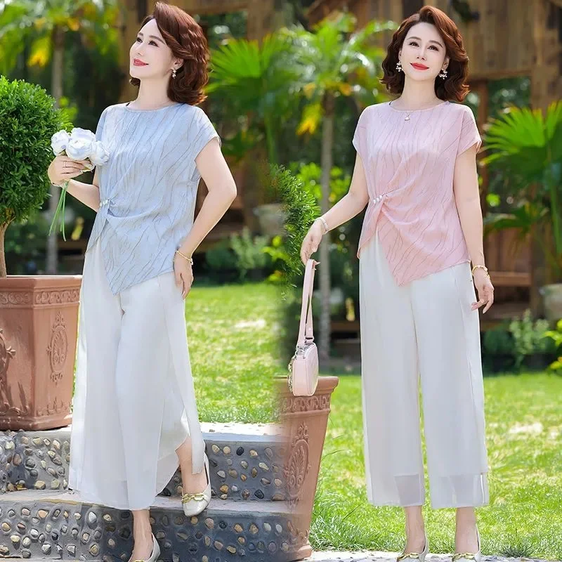 

Korean Ladies Short Sleeve Straight Leg Pants 2PCS Middle-aged Mom Large Size 5XL Suit Spring Female Fashion Shirt Two-piece Set