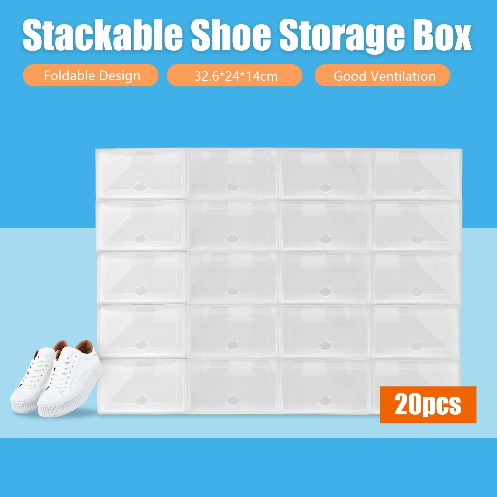 20Pcs Stackable Shoe Box Set Flip Shoes Storage Case Transparent Container Plastic Display Sneaker Organizer Durable