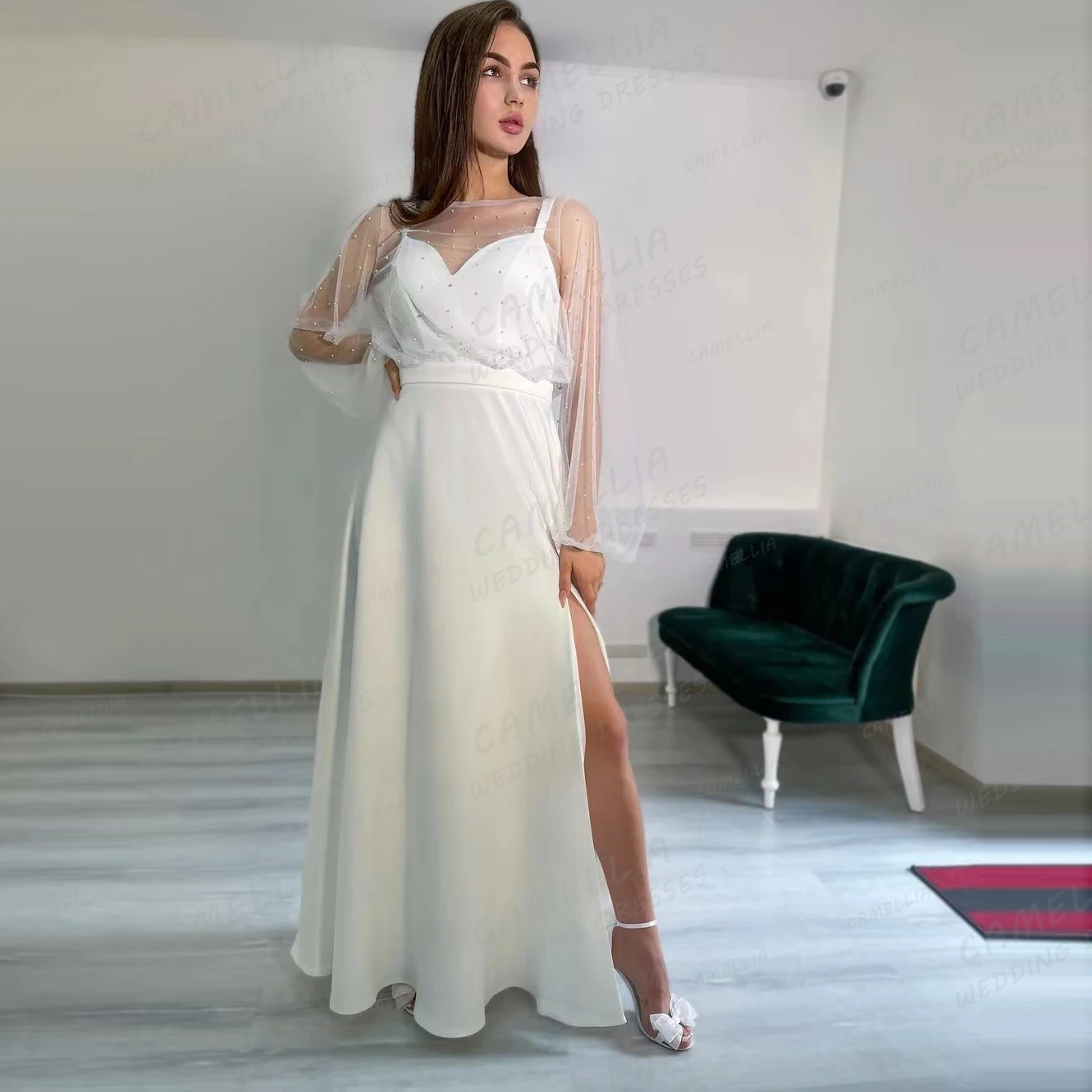 Elegant A Line Wedding Dresses For Women Sexy Beading Sweetheart Bridal Gowns Illusion Long Sleeve Split Formal Robe De Mariée