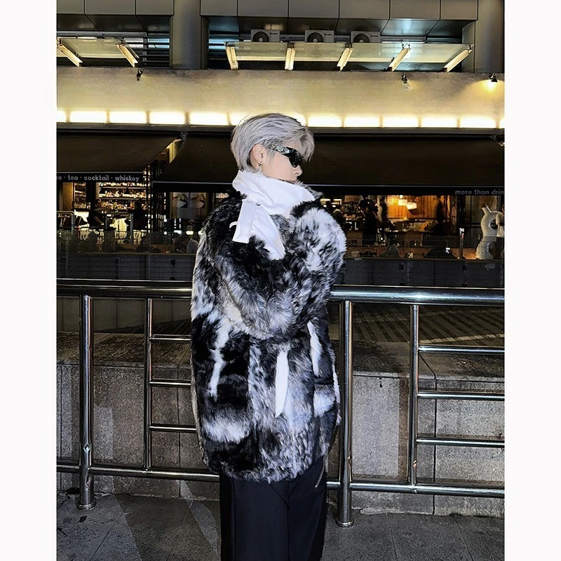 Men's 2025 Winter New Ink Wash Gradient Design Splicing Faux Fur Plush Fashion Jackets Men's Short Trendy Faux Fur Parkas Jacket