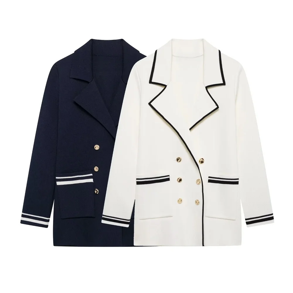 

Myst&Za 2025 New Women's Double - breasted Knitted Blazer with Contrast Piping and Gold - tone Buttons for a Stylish Look
