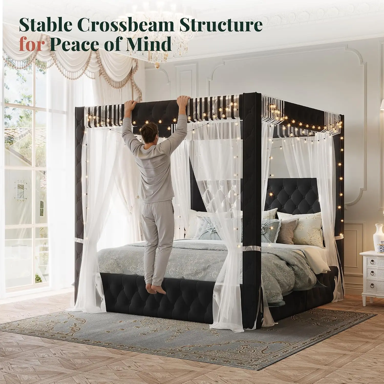 Queen Canopy Bed Frame Velvet Upholstered Headboard Black, Customized - view 6