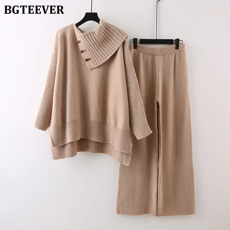 BGTEEVER Autumn Winter Loose Women Sweater Set Long Sleeve Turtleneck Pullovers Female Knitting Trousers Ladies Knitted Outfits