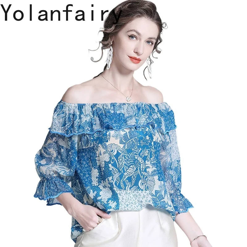 

YOLANFAIRY New Luxury 100% Natural Mulberry Silk T Shirts Woman 2026 Summer Vintage Blouse Slash Neck Tops Floral Shirt Ruffle