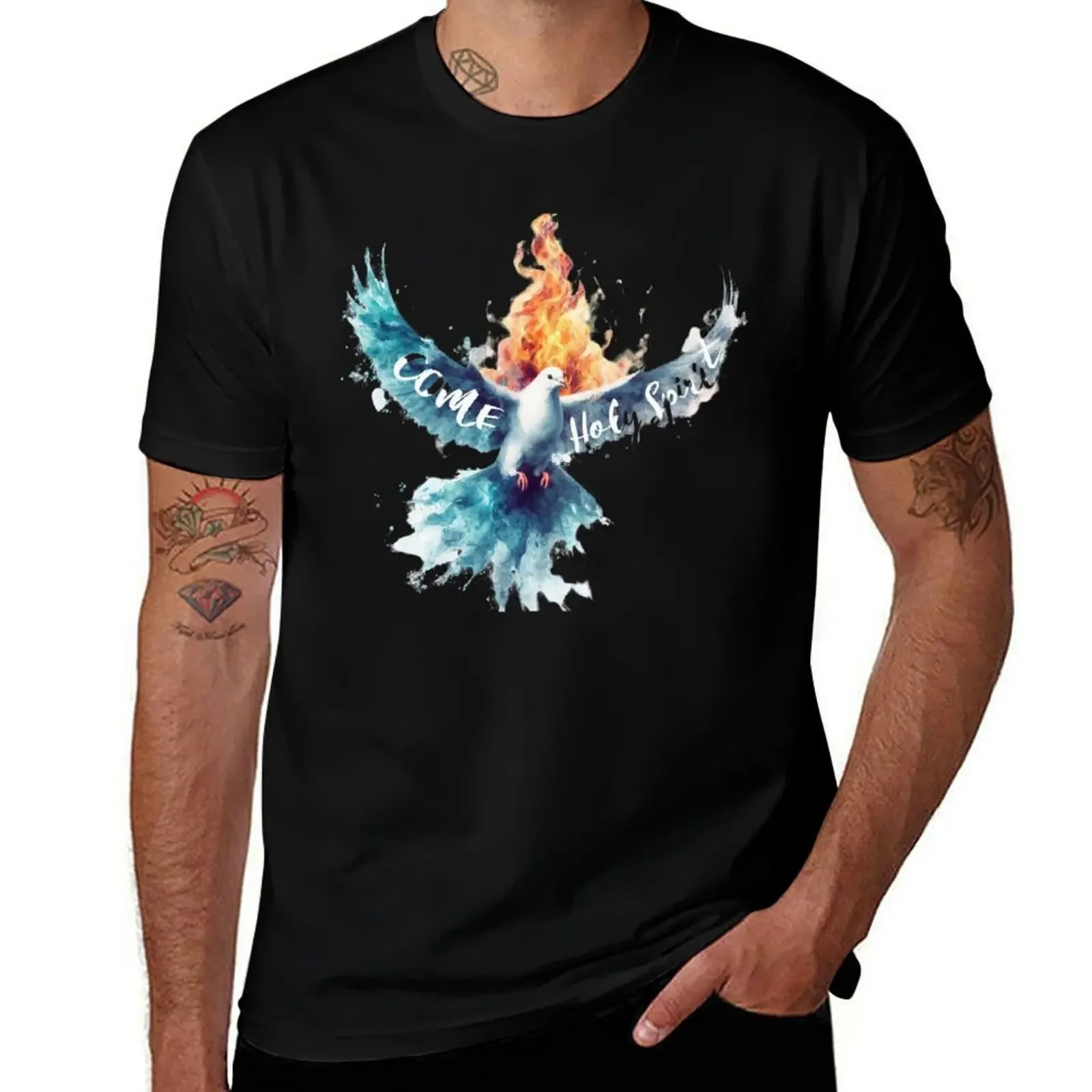 Come Holy Spirit, Dove, Fire and Water Art T-Shirt vintage t shirts sports fans shirts graphic tee men