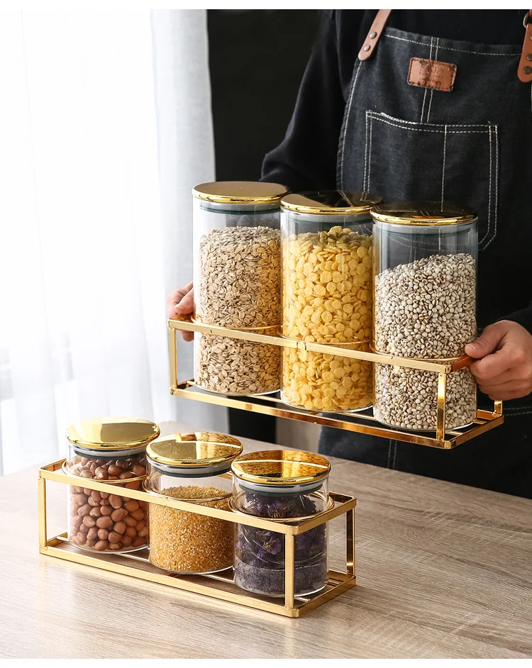 

New Single Kitchen Airtight Jar Candy Glass Jar Three-piece Storage Tank for Whole Grains with Lid Kitchen Storage Box with Rack