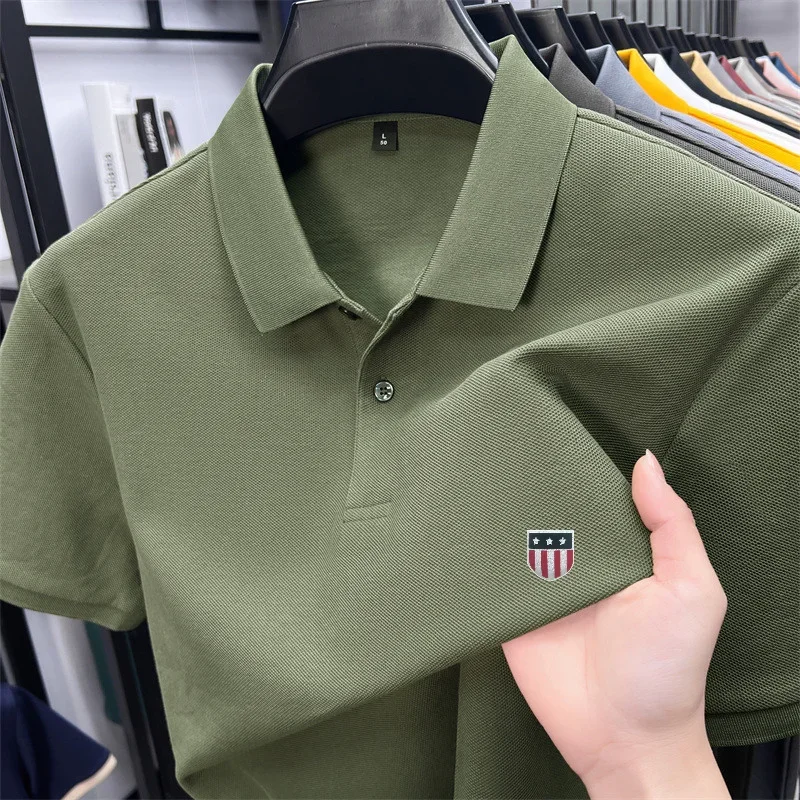 Men's Summer Luxury 100% Cotton Polo Shirt, Lapel Print Short Sleeve T-shirt, Breathable Business Casual Menswear