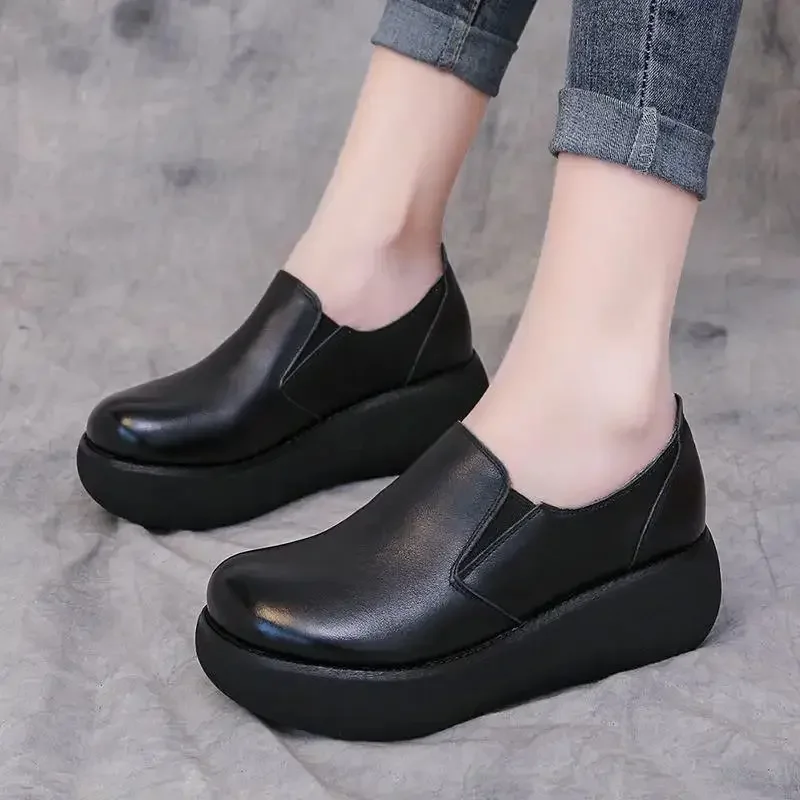 2023 leather Wedges Shoes loafer round toe platform Pumps slip on Leisure party office lady casual shoes