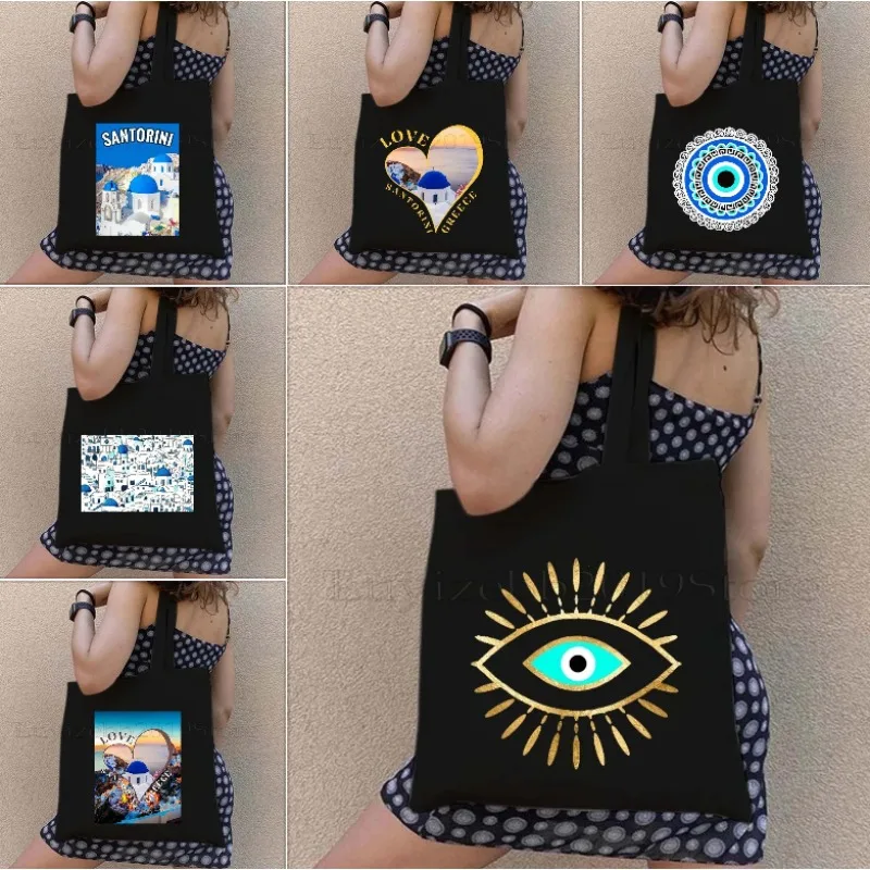 

Love Heart Santorini Island Греция Холст Хлопковая Большая Сумка Греческий Злой Глаз Мандала Хамса Ручной Рай Путешествия Покупатель Симпатичная Сумочка
