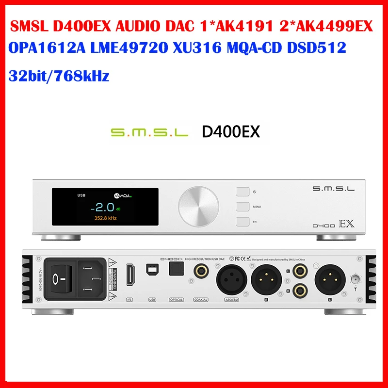 SMSL D400EX AUDIO DAC 1*AK4191 2*AK4499EX OPA1612A LME49720 XU316 MQA-CD DSD512 32bit/768kHz Blutetooth I2S With Remote Control