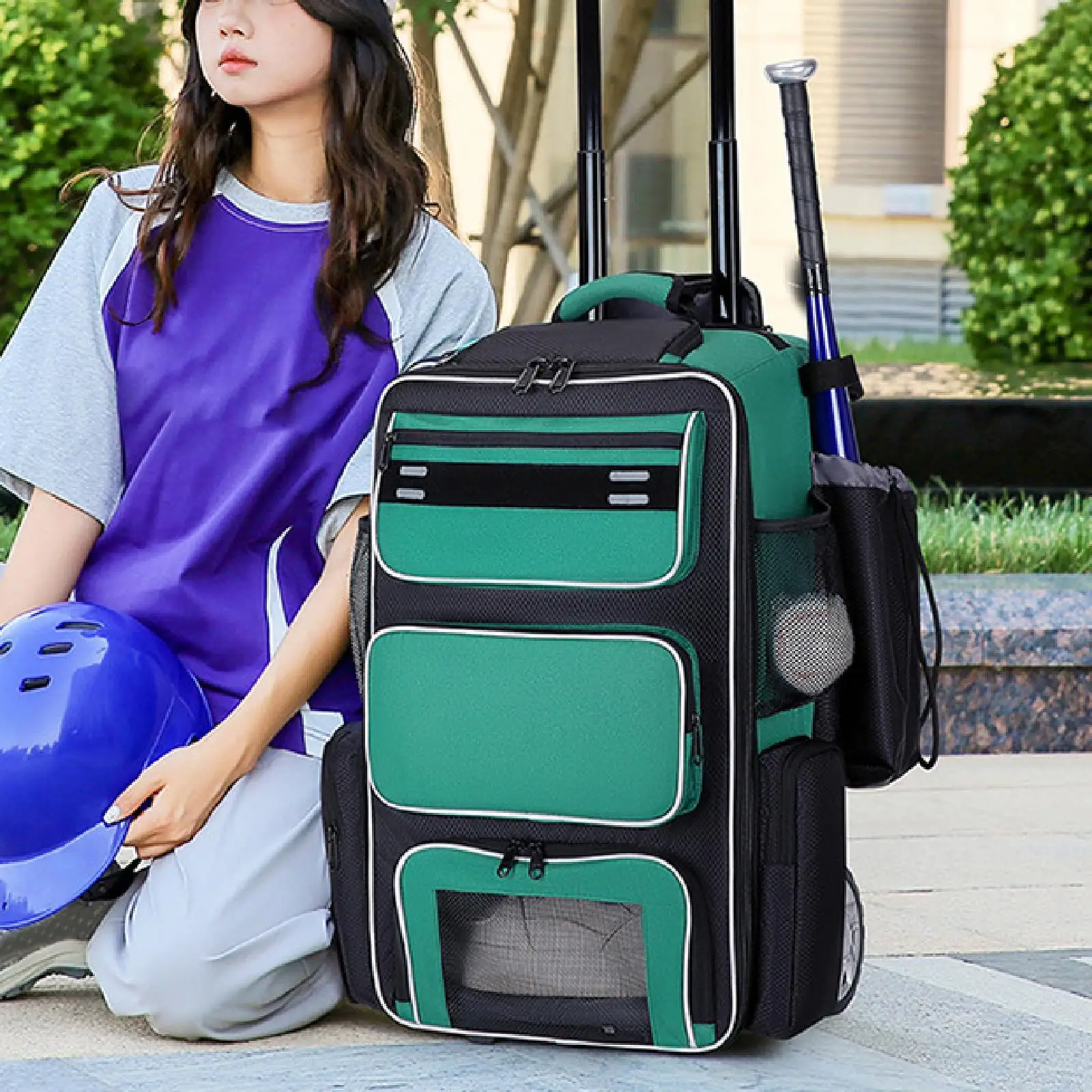 

Rolling Baseball Bag with Wheels with Shoe Compartment Multi Pockets Sports Softball Trolley for Practice Gloves Gym Travel