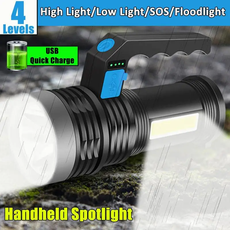 Super Bright LED Flashlight COB Side Light Long-Range Rechargeable Torch Waterproof Portable Camping Lantern 4 Brightness Levels