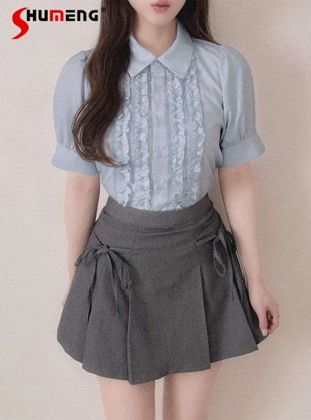 

Japanese Sweet Elegant Commuter Blouse Ruffled Polo Collar Puff Sleeves Single-Breasted Versatile Casual Shirt Tops Women Summer