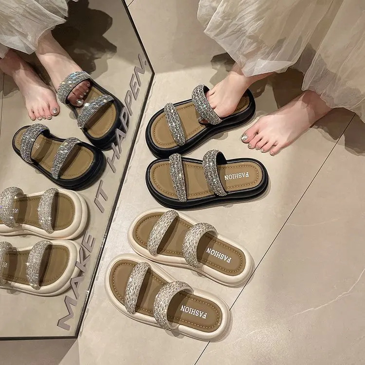 Double Diamond with Slippers Female Summer Wear 2024 New Muffin Thick Bottom Flip-flops Fairy Wind Sandals