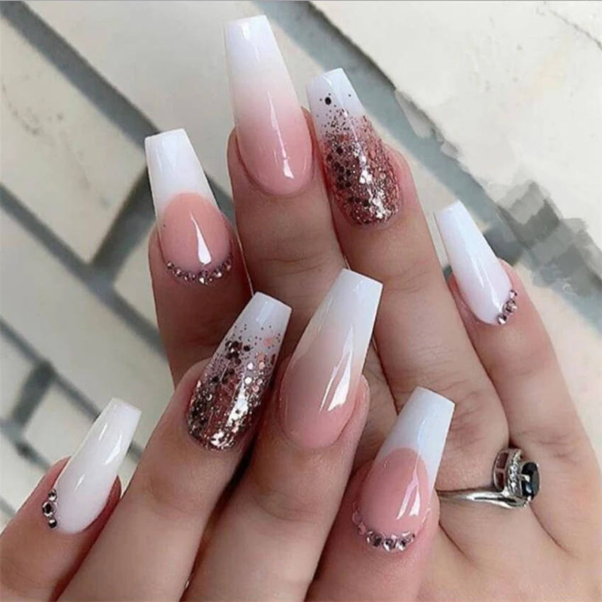 Unhas falsas longas com diamantes, Prensa acrílica removível artificial nas unhas, Gradiente Azul, Stick on Nails, Hot Sale, Conjunto de 24Pcs