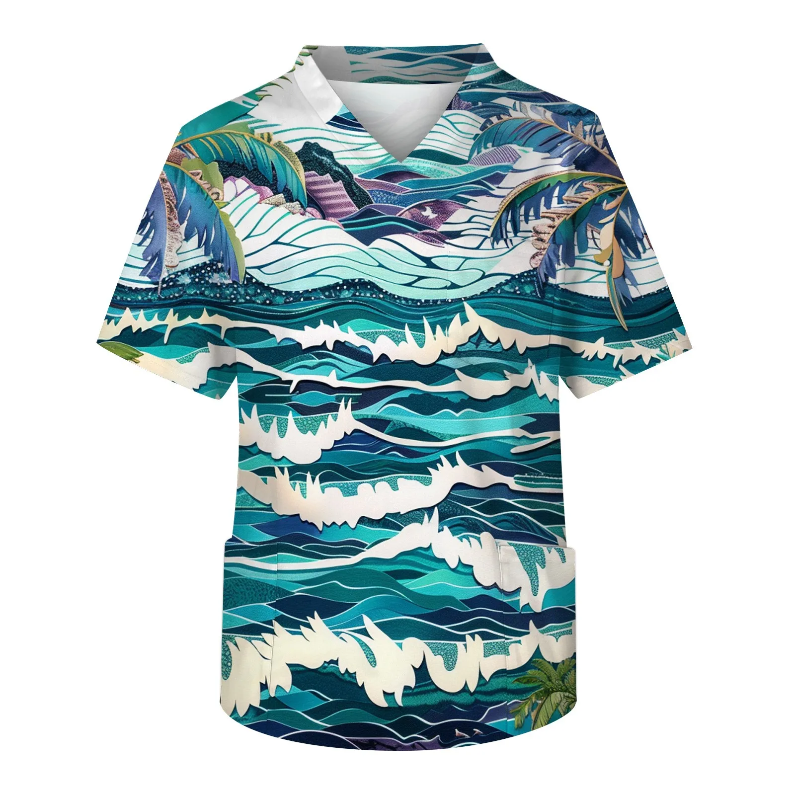 2024 Trendy Printed Tops Men'S Short Sleeve V Neck Hawaii Seaside Print Tops With Chest Pocket Fashion Large Size Carer Top