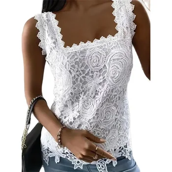 Femmes dentelle col carré gilet été ample Style doux débardeurs élégant Camis t-shirts femme décontracté banlieue sans manches T-Shirt 2024