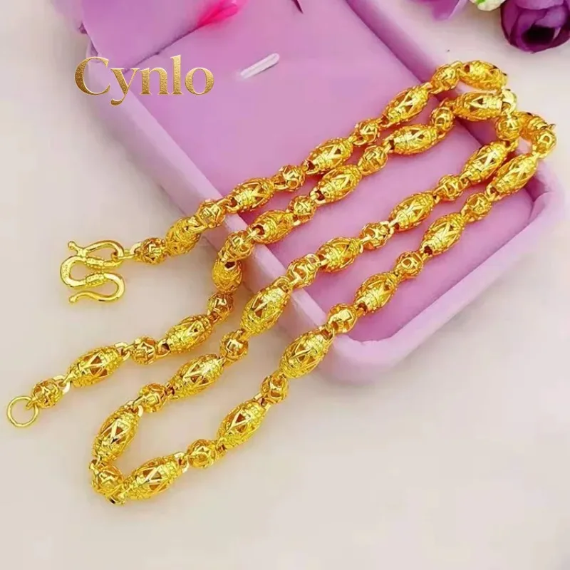 

Cynlo Jewelry Hollow Olive Bead Necklace 24K Gold AU999 Men's - Light hollow, high-purity gold, versatile, accessory for status