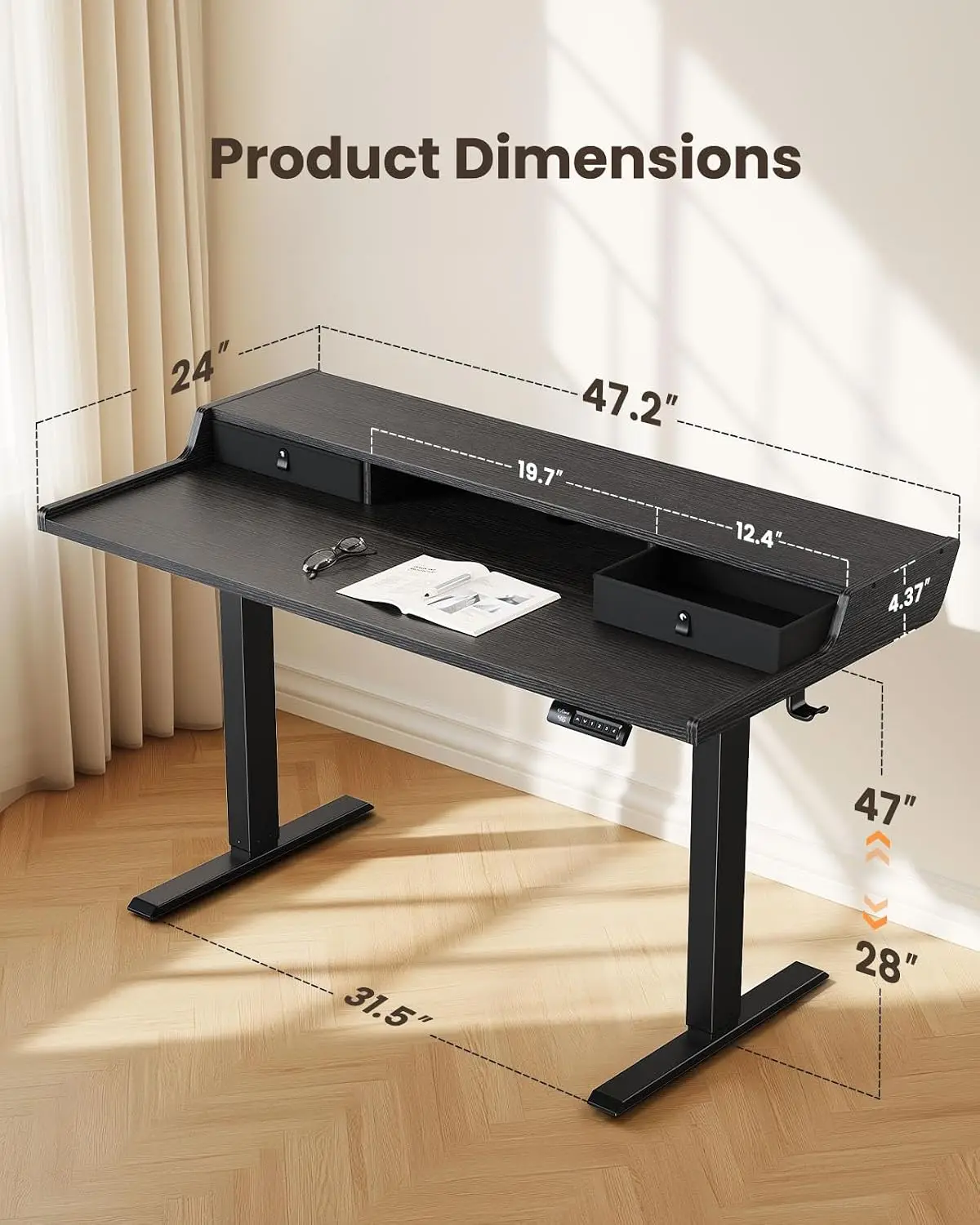 Electric Standing Desk with Drawers, 48″ x 24″ Gaming Table Compatible Monitor Stand, Stand up Desks, Home Office Height-Adjusta