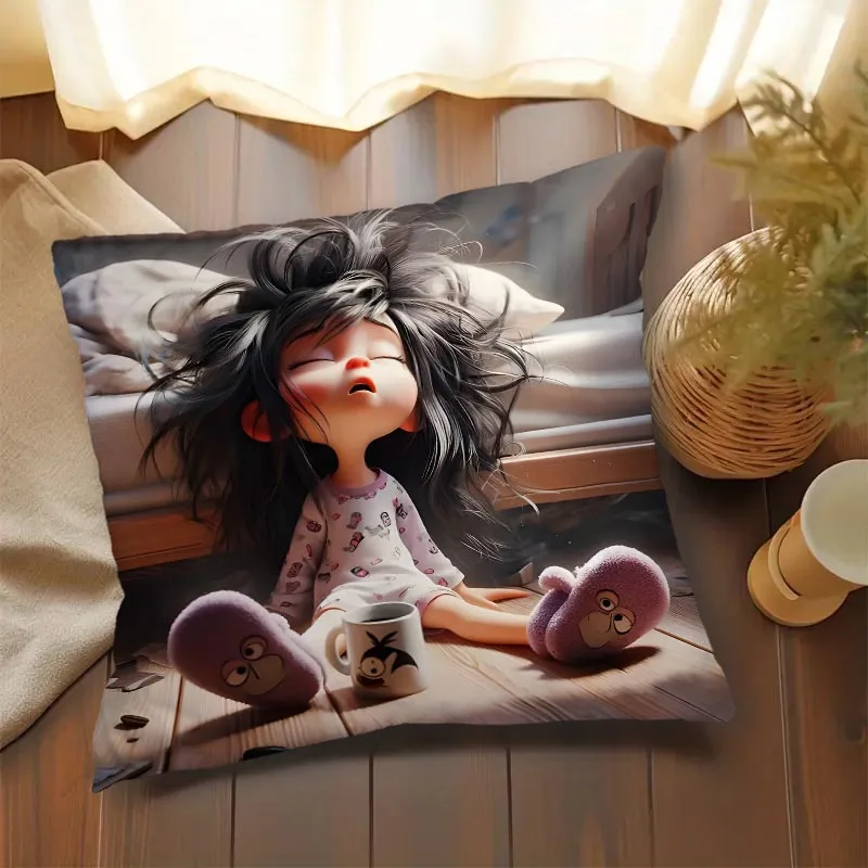 Kissenbezug im Bohemian-Stil mit Cartoon-Mädchen-Motiv und geschlossenen Augen, Reißverschluss, Sofakissenbezug für Wohnzimmer, Kissenbezug