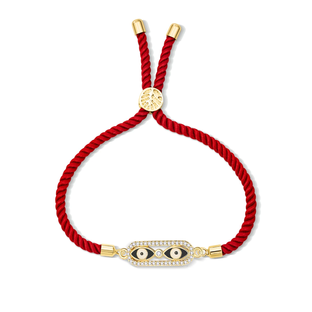 White Cubic Zirconia Crystal Enamel Two Nazar Evil Eye Charm Bracelet Women Gold-plated Brass Red Rope Adjustable Jewelry Gift