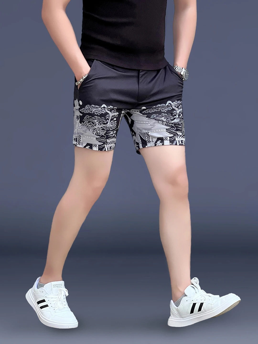 

Модные универсальные тонкие летние высокоэластичные тонкие мужские пляжные повседневные брюки с принтом, дышащие прямые брюки с эластичной резинкой на талии