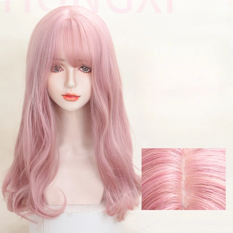 

Pink Wigs With Bangs Long Wavy Wig For Women cosplay wigs Natural Synthetic Heat Resistant Fiber Wig Hair For Party Daily Use 가발