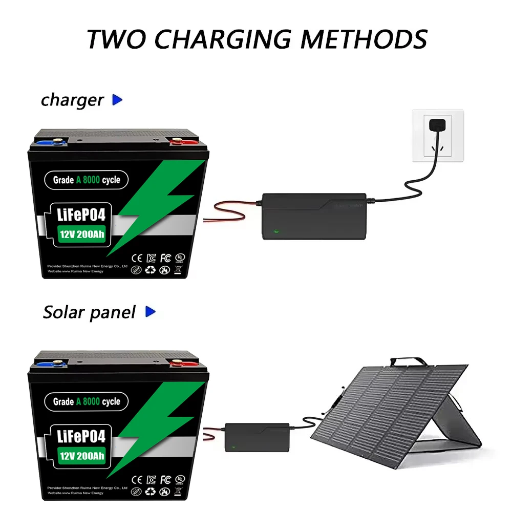 N LED lighting, can be charged using solar energy, new LiFePo4 lithium iron phosphate battery 12V 200Ah, built-in 200A BMS