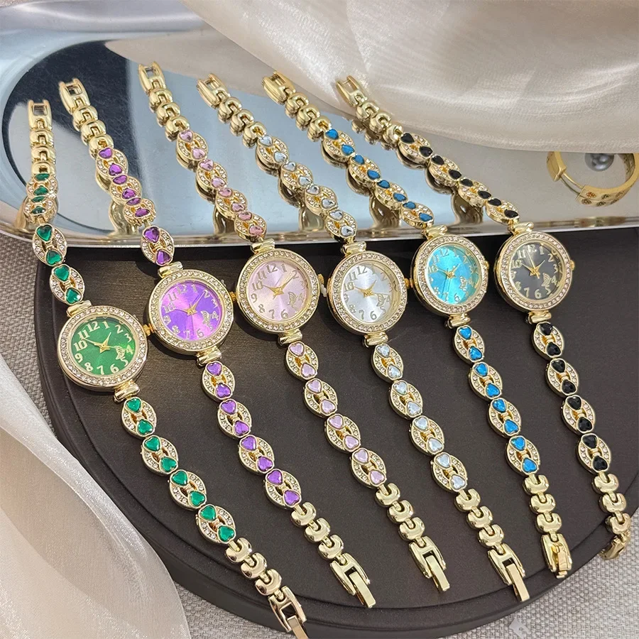 Vintage Colorful Gemstone Inlaid Ladies Wrist Watch Gold Plated Rhinestone Metal Band Analog Quartz Decor Jewelry Wristwatch For