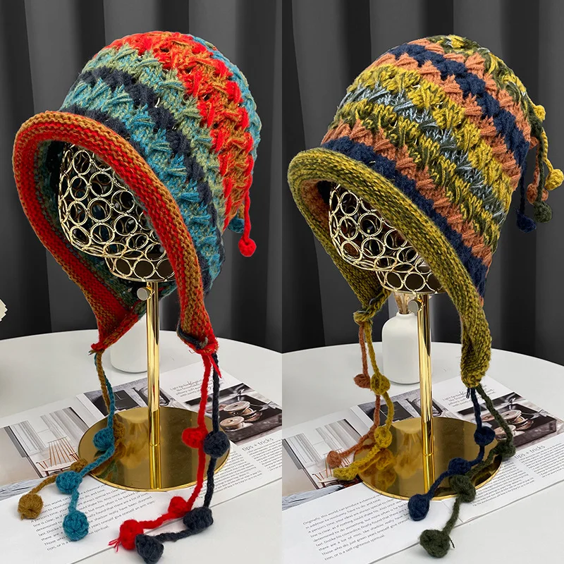 

Autumn and Winter Handmade Crochet Ear Protection Knitted Cap Women's Lace-up Colored Fringed Beanie Hat Fashion Bomber Hats