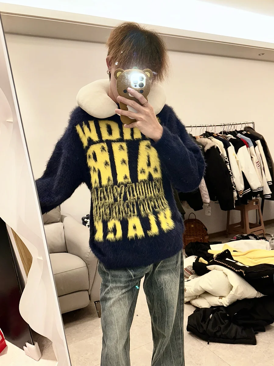 

Autumn Winter Letter Embroidered Mink Sweater ex Casual Trendy College Warm round Ne Overhead Vintage Knitted irt