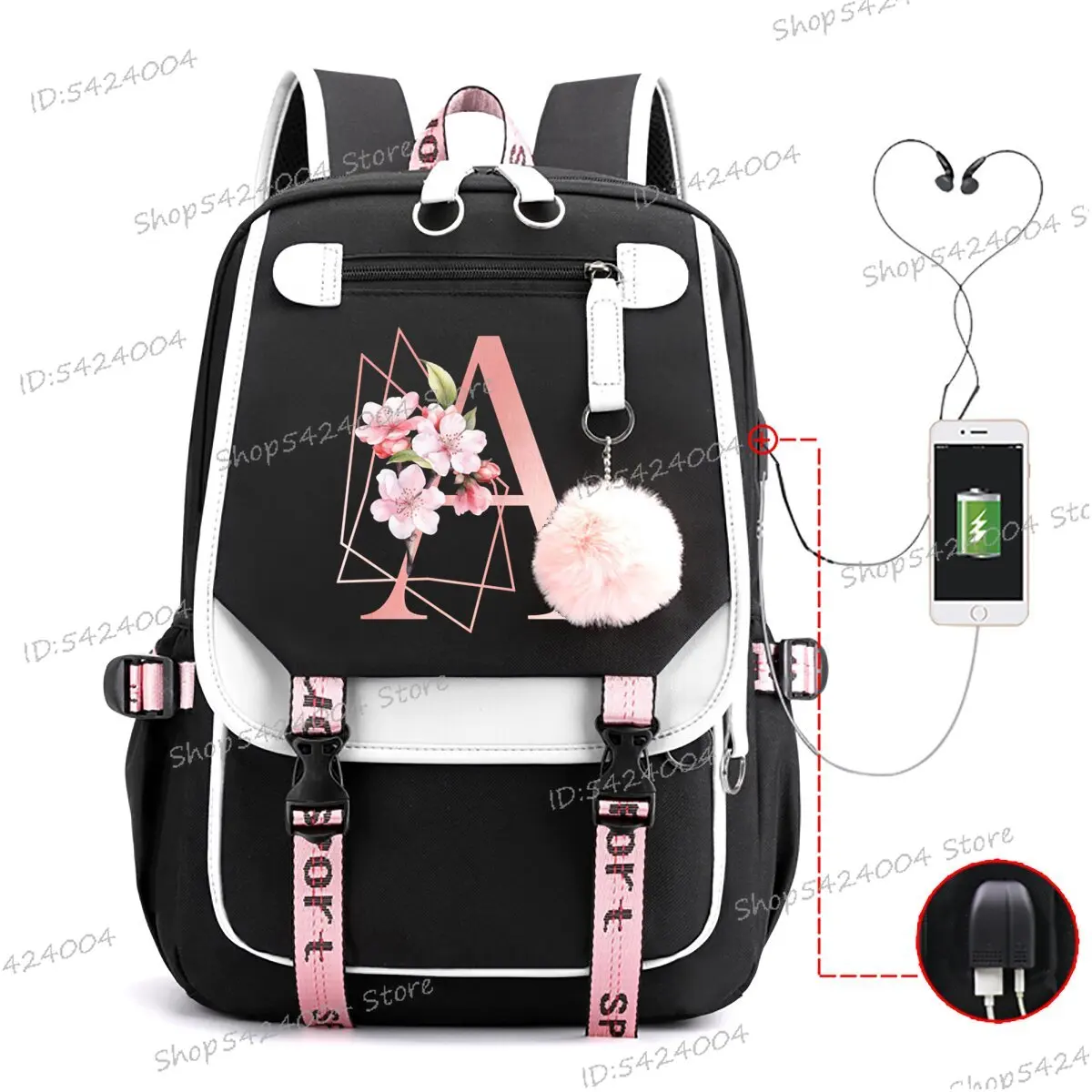 High Quality Daily Bagpack Pink Sakura Alphabet Print Backpack Shouder for Girls Cherry Blossom A-Z 26 Initials Design Schoolbag