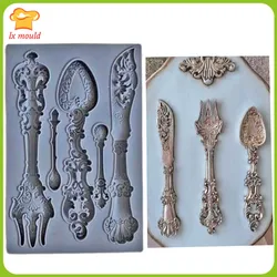 Vintage Knife Fork Spoon Fondant Mould Western Food Texture Sugarcraft Mold Chocolate Baking Cake Decor Tool