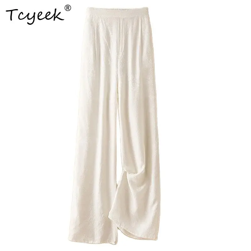 

Tcyeek Женские повседневные брюки из 100% натурального шелка, дышащие брюки с высокой талией, повседневные универсальные широкие брюки, весна 2024, B43332QC