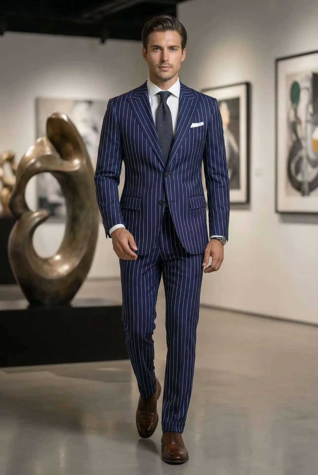 Navy Blue Pinstripe Men's Suits Fashion Peaked Lapel Two Buttons Groom Wedding Business Prom Party Male Suit (Jacket+Pant)
