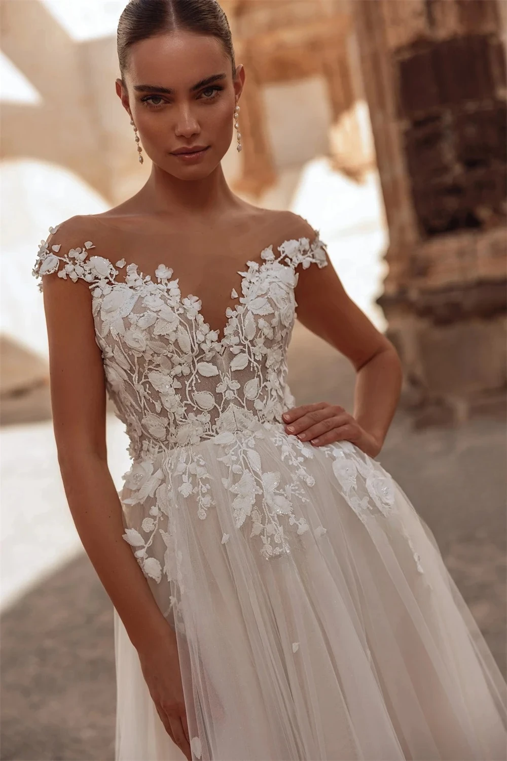 Boho Sheer O-neck A-line Wedding Dresses for Women Cap Sleeves Appliques Floor Length BridalGown Robe De Mariée Customized