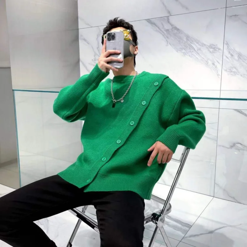 

Autumn and winter new style simple loose personality round neck sweater button decoration sweater knitted sweater All match top