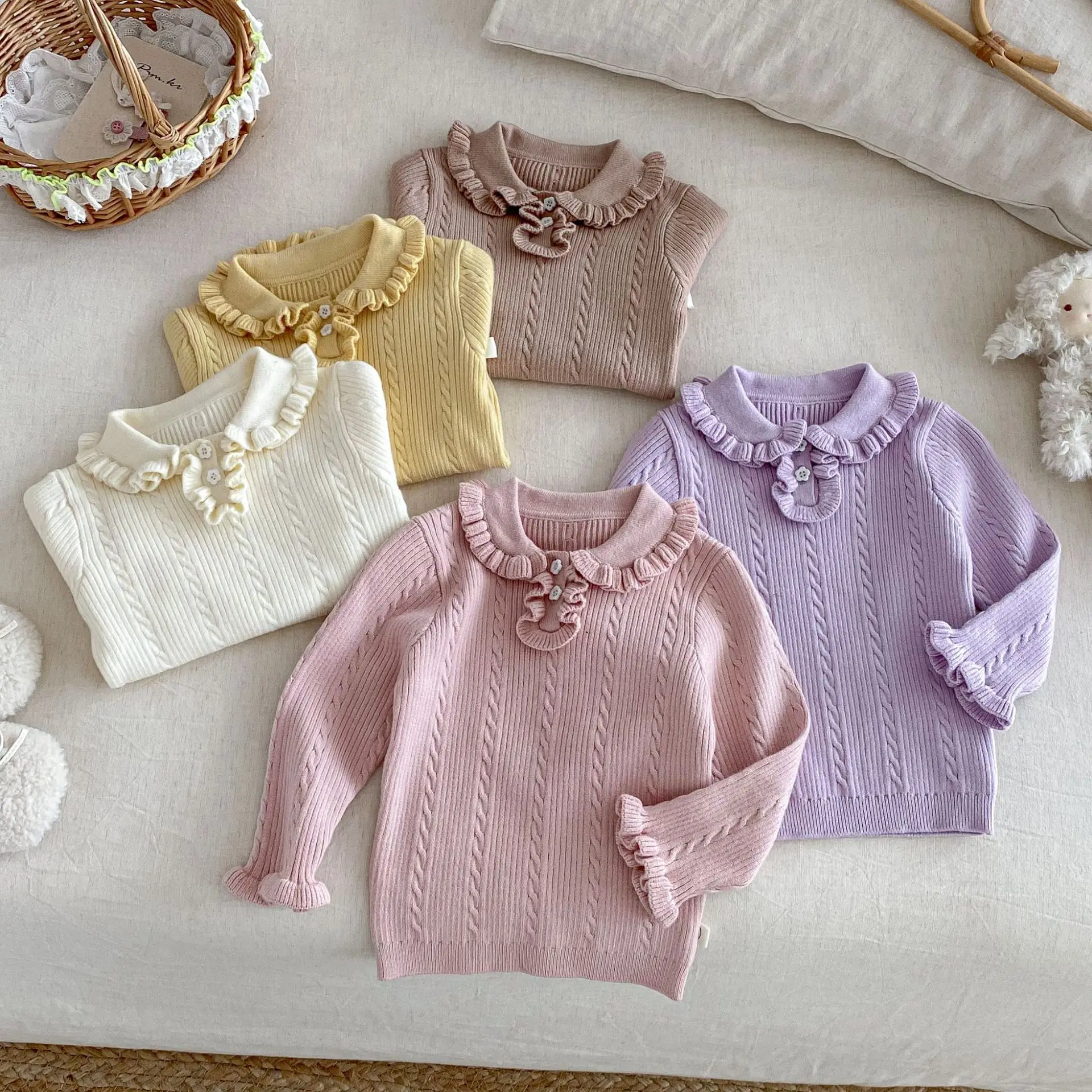 

Winter Warm 0-5Y Children Clothes New Korean Toddler Girls Sweater Ruffle Collar Solid Color Thickened Knit Top