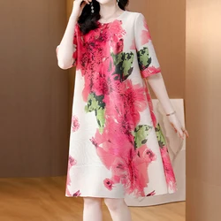 2023 Summer New Wrinkle Print Big Brand Luxury Loose Fit Large Medium Length Dress for Women  maxi dress
