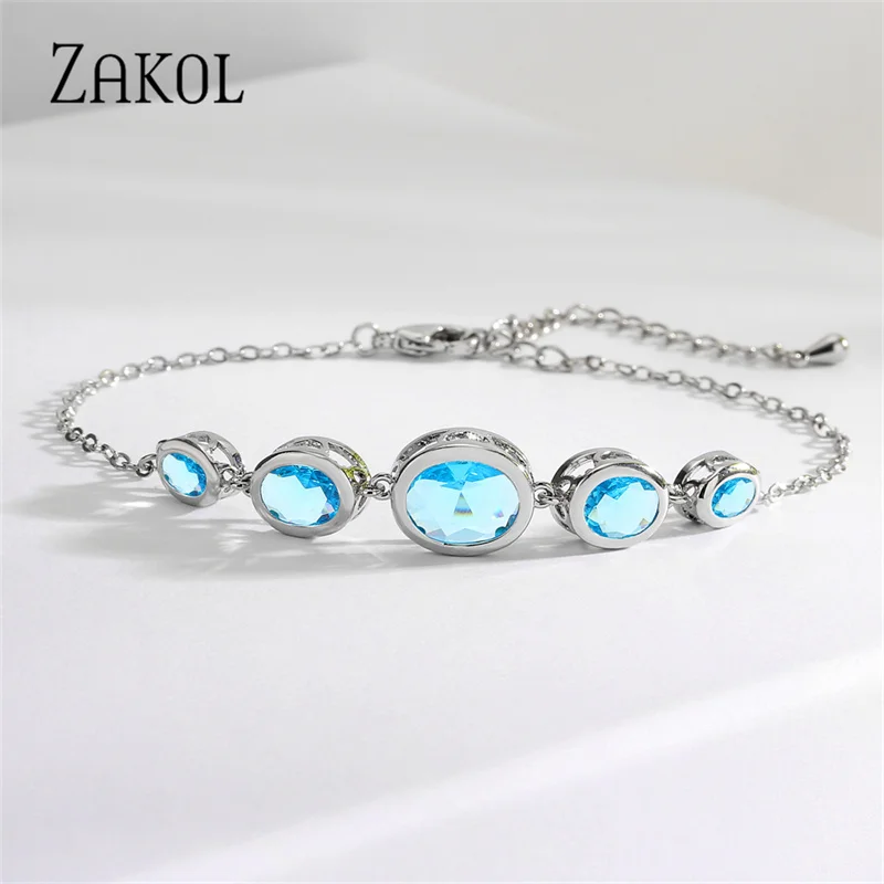 ZAKOL Romantic Pink Love Heart Zircon Bracelets for Women Fashion Geometry Crystal Light Blue Wedding Party Jewelry 2023 New