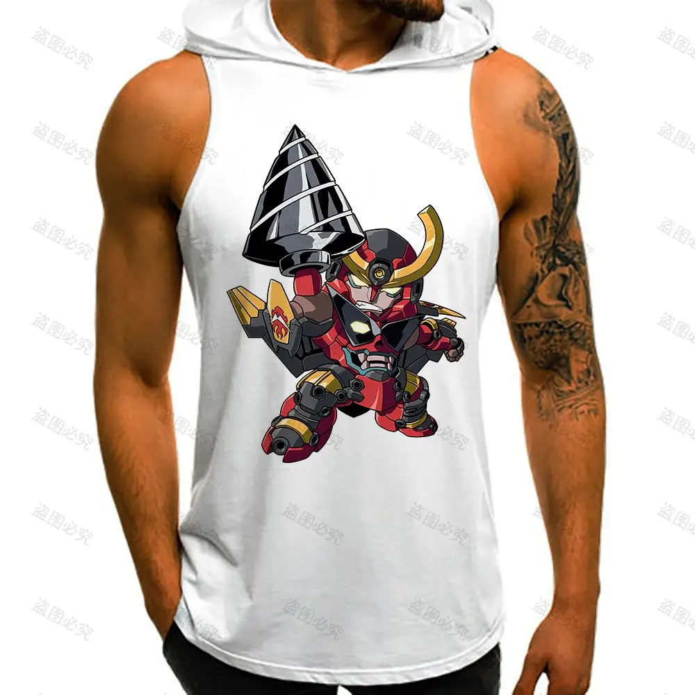 Men's  Hooded Tank Gundam Mobile Suit GYM Streetwear Hip Hop European Size Basketball T-shirts Man Fashion Vest Cool New Anime